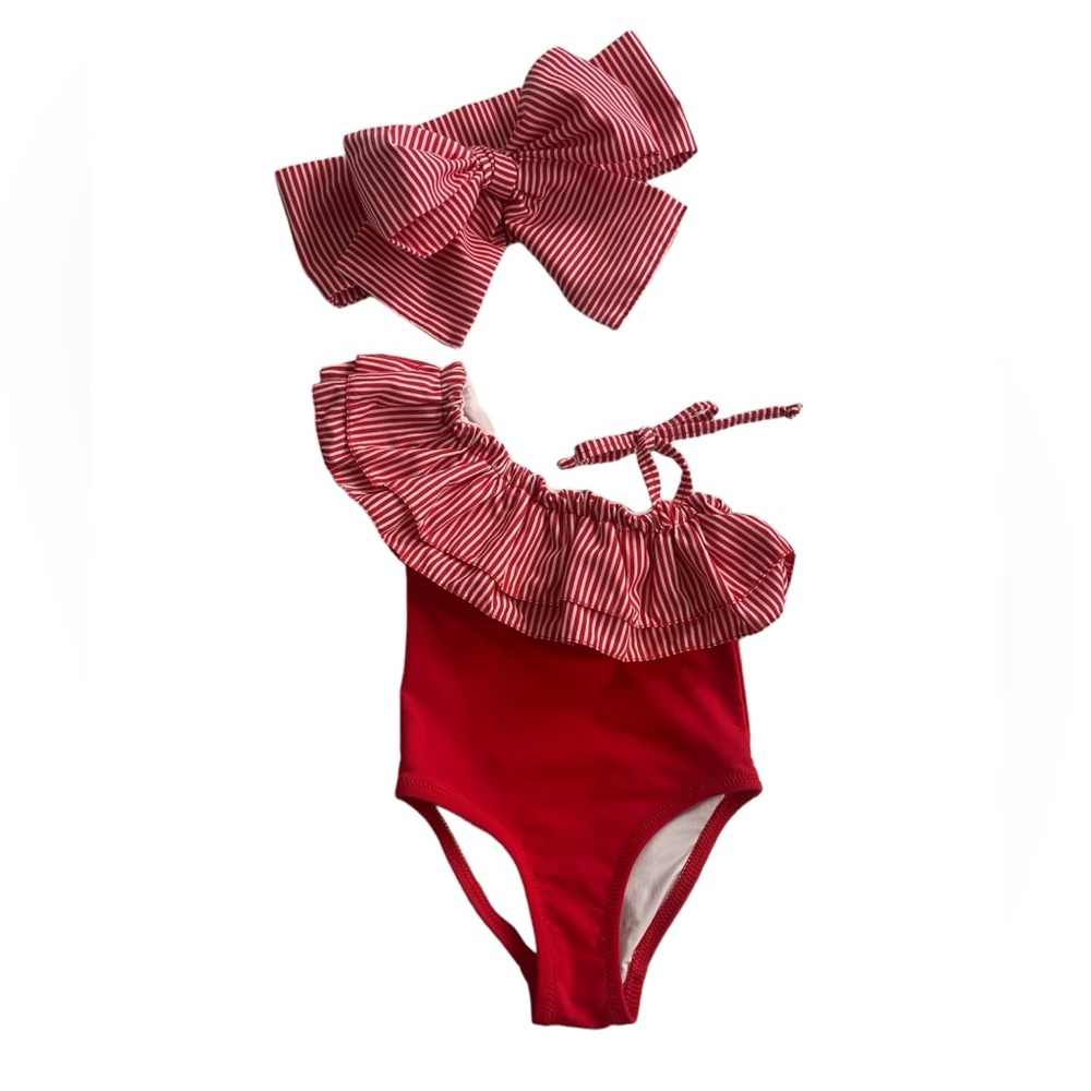 Baby Girl NWOT Red One-Piece Swimsuit With Matching Ribbon